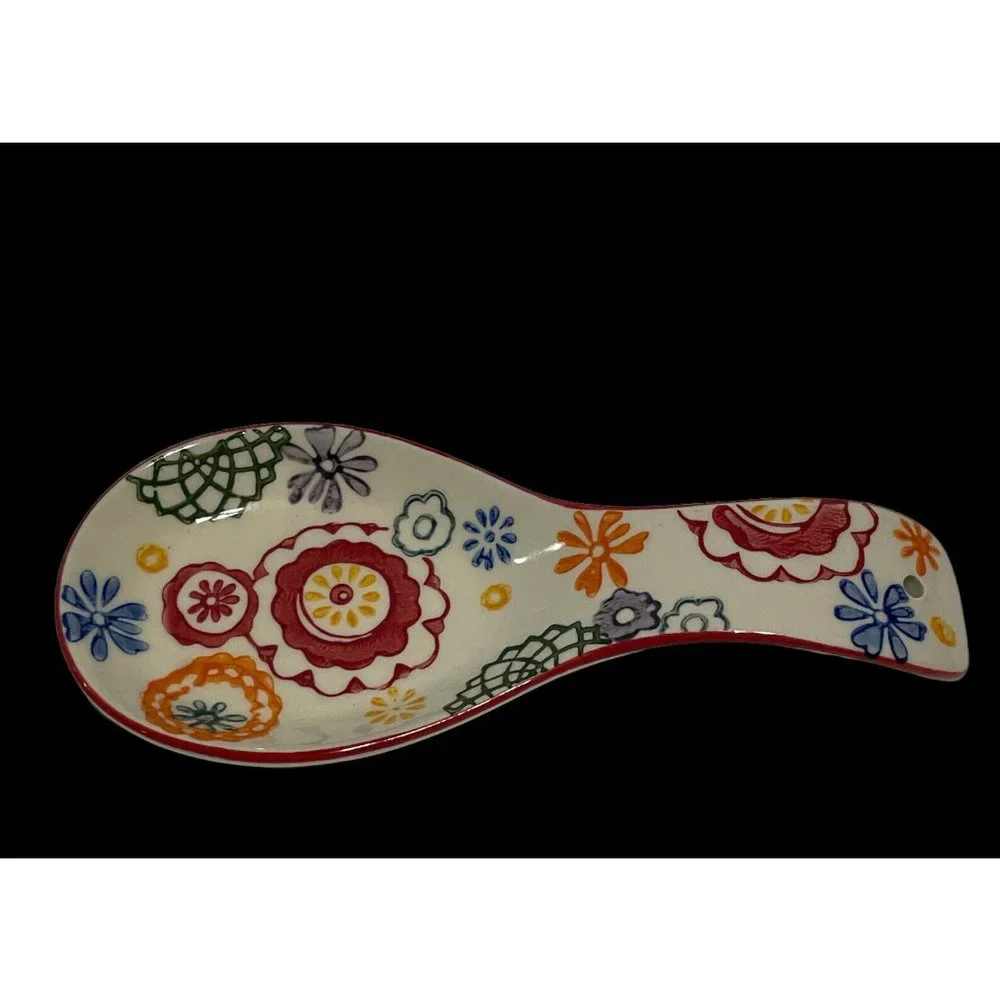 Pier 1 Imports Colorful, Hand Painted Floral 8” Stoneware Spoon Rest VTG